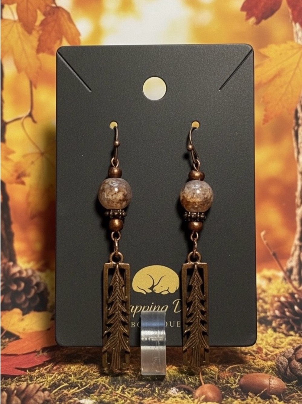 Bronze Tree Dangle Earrings with Natural Stone Beads